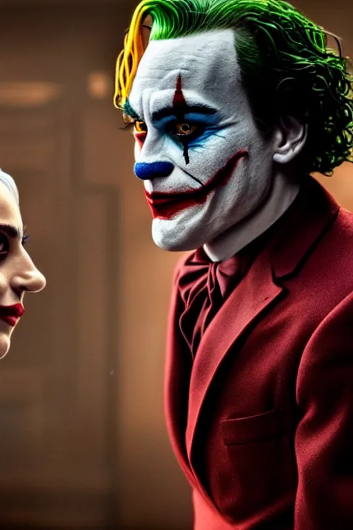 Image similar to joaquin phoenix joker with harley queen lady gaga, photorealistic, ultrarealistic, smooth, 4 k, aesthetic lighting, baroque object, sharp focus, hyperdetailed, professional photography, pullitzer winning, 8 0 0 photo by : canon eos 5 d mark iv, by karah mew and adnan abidi and jodie bateman and ansel adams