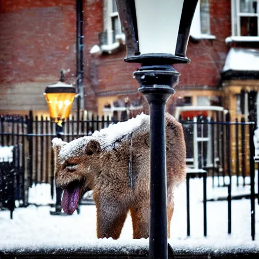 Image similar to an animal with its tongue stuck to a lamp post, snowy london street scene