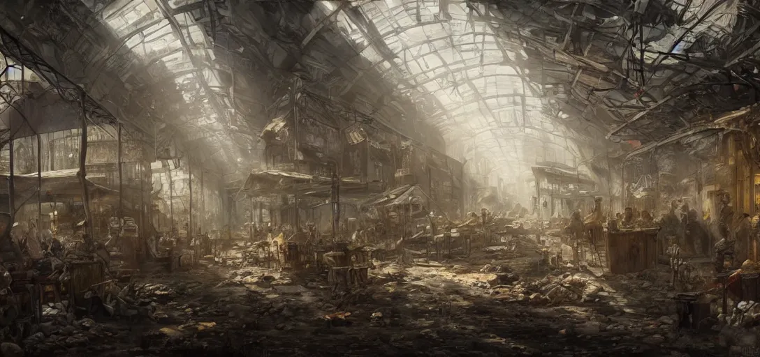 Prompt: post apocalyptic market in a subway track by eugene von guerard, ivan shishkin, dramatic lighting, concept art, trending on artstation