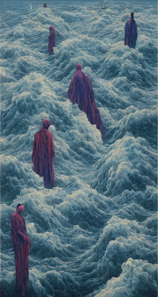 Prompt: worshippers in robes belonging to the cult of the lighthouse standing in waves, a lighthouse, high detailed beksinski painting, part by adrian ghenie and gerhard richter. art by takato yamamoto. masterpiece, deep colours, blue