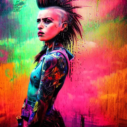 Image similar to splashes of neon clouds, mowhawk, punk women portrait made out of paint with rain in the background, trending on artstation, epic composition, emotional, beautiful, rendered in octane, highly detailed, realistic, tim burton comic book art, sharp focus, matte painting, unreal engine