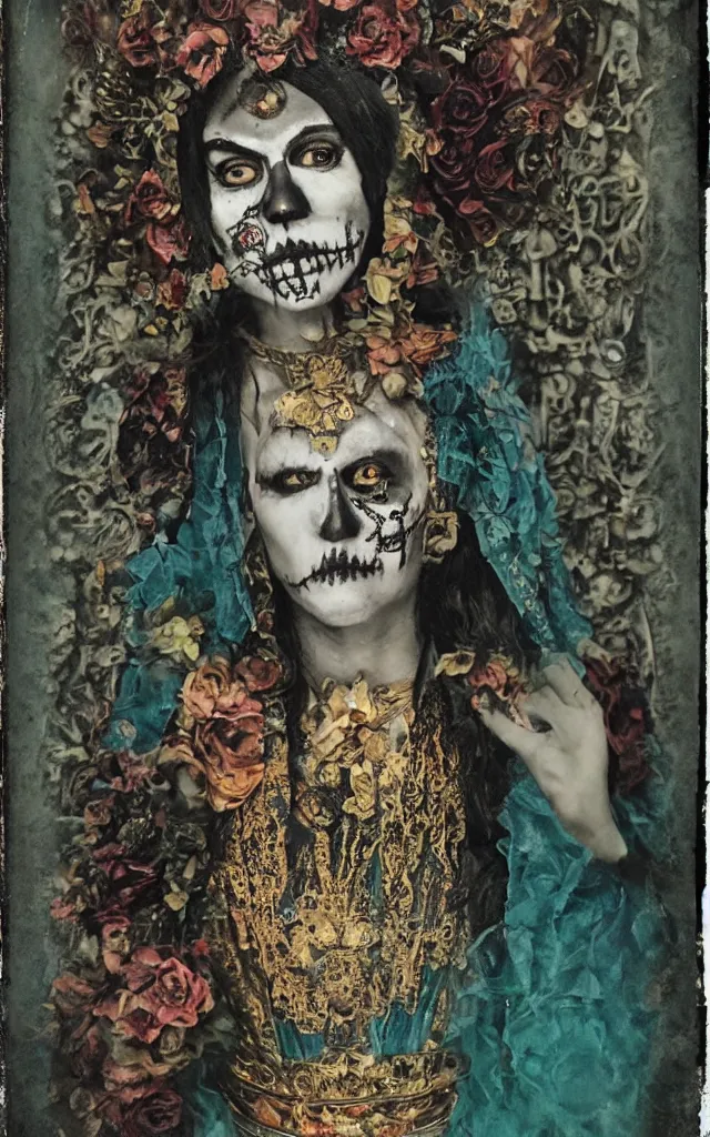 Image similar to tintype full body view, virgin mary in dia de muertos dress and make up, horrific beautiful vibe, evocative, atmospheric lighting, painted, intricate, highly detailed,