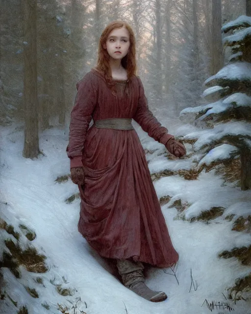 Prompt: a well - lit, realistic portrait painting of a thoughtful girl resembling a young, shy, redheaded irish alicia vikander or millie bobby brown wearing peasant dress in a deep snow - covered forest at dusk, highly detailed, intricate, concept art, artstation, by donato giancola, ron cobb, and william adolphe bouguereau