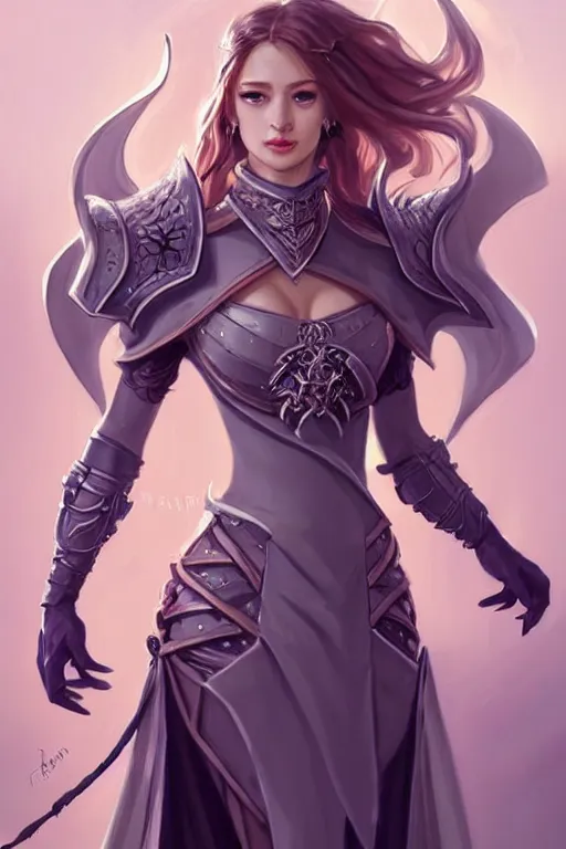 Image similar to a full body portrait of a gorgeous female paladin, D&D, choker on neck, stylish dress, very long flowing hair, intricate, elegant, stylish, cute slightly nerdy smile, mouth slightly open, fantasy, extremely detailed, digital painting, artstation, concept art, smooth, sharp focus, illustration, art by artgerm and greg rutkowski and alphonse mucha