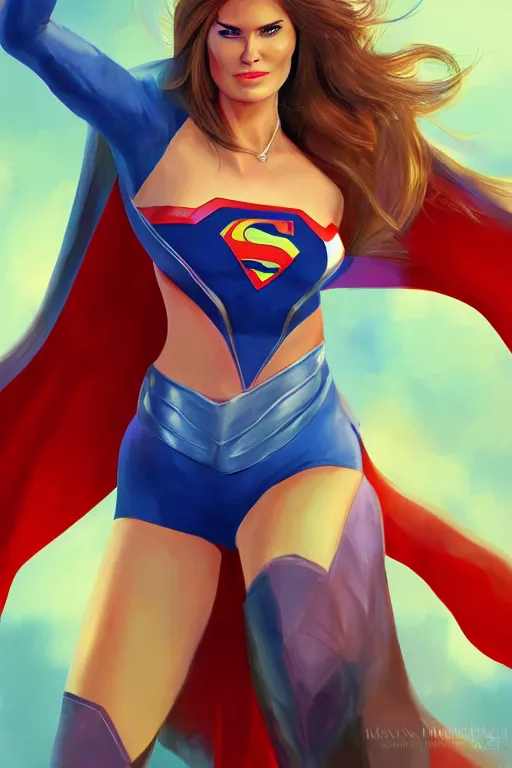 Prompt: portrait of a mix of young maria shriver, mariel hemmingway, melania trump and elle macpherson as superwoman, thin lips, hair tied up in a pony tail, colorful artstation, cgsociety