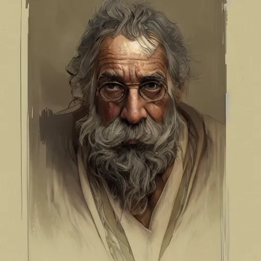 Image similar to Portrait of elderly wizard with white curling beard wearing tattered robes, waist high, intricate, wild, highly detailed, digital painting, artstation, concept art, smooth, sharp focus, illustration, art by artgerm and greg rutkowski and alphonse mucha