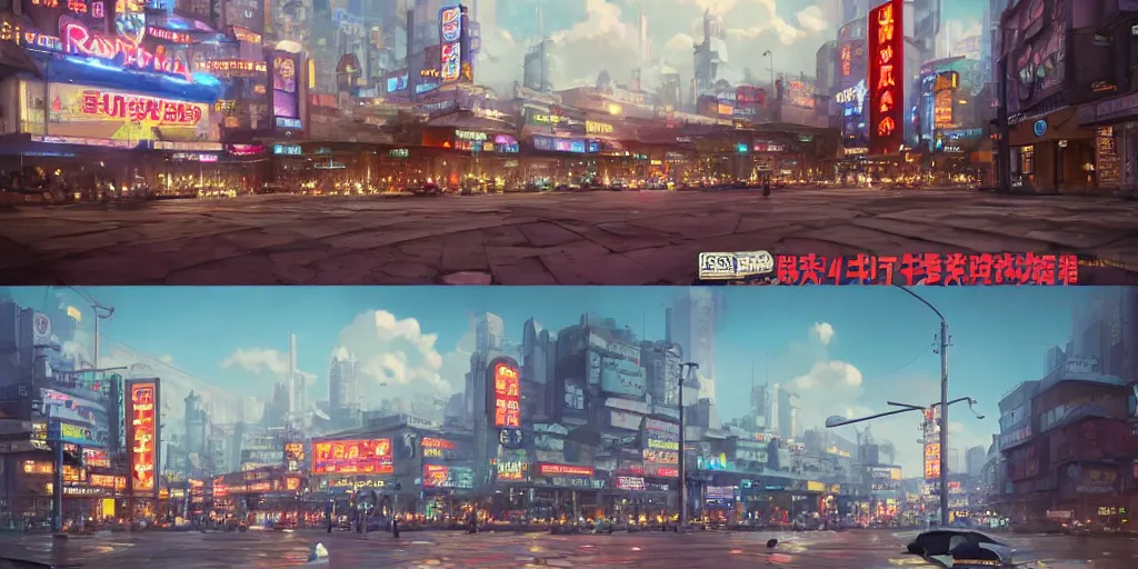 Prompt: A highly fantasy detailed matte painting of Buildings with Japanese Billboards and neonsigns by Studio Ghibli, Makoto Shinkai, by Artgerm, by WLOP, by Greg Rutkowski, volumetric lighting, octane render, 4K resolution, trending on artstation, masterpiece