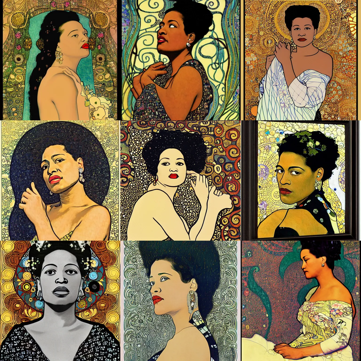 Prompt: Official portrait of billie holiday by gustav klimt and Alphonse Mucha in the style of art nouveau, gardenia hair, minimalism, masterpiece