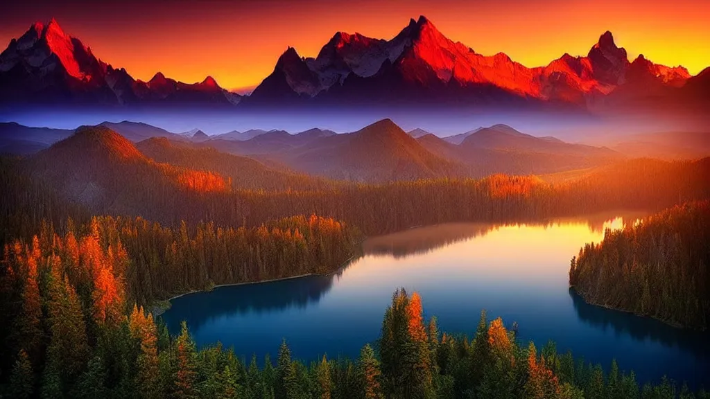 Image similar to amazing landscape photo of mountains with lake in sunset by marc adamus, beautiful dramatic lighting