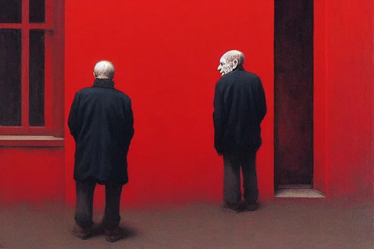 Image similar to only with red, a red old man try to sell a portrait, cheering crowd, in a old city square, in the style of beksinski, parts by edward hopper, parts by rodcenko, parts by yue minjun, intricate and epic composition, red by caravaggio, insanely quality, highly detailed, masterpiece, red light, artstation, 4 k