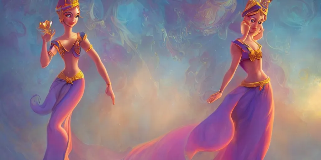 Image similar to beautiful genie girl, dancing in the palace room, beautiful elegant body, accurate body proportions, mysterious ambient lighting, digital art, fantasy vibes, style of disney