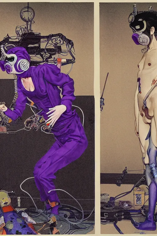 Prompt: a surreal frances bacon and takato yamamoto painting of two skinny figures, fleshy, wearing ornate gas masks and clothed in purple and blue, inside a grand dystopian room with fires raging and medical equipment, full view, concept art, horror art, extremely high details, hyper realistic high quality adrian ghenie and edward hopper