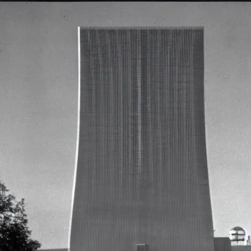 Prompt: nuclear cooling tower in - front of an futuristic glass city, logo, sun, art deco, 1 9 5 0's, glowing highlights, peaceful