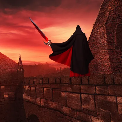 Image similar to man wearing a cloak and holding two red daggers, cinematic, sunset, medieval city background, 4 k