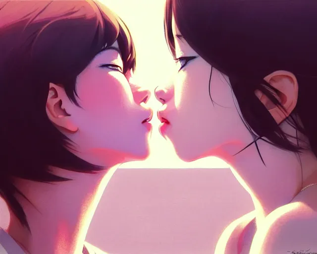 Image similar to two girls kissing | very very anime!!!, fine - face, audrey plaza, realistic shaded perfect face, fine details. anime. realistic shaded lighting poster by ilya kuvshinov katsuhiro otomo ghost - in - the - shell, magali villeneuve, artgerm, jeremy lipkin and michael garmash and rob rey