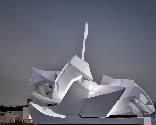 Prompt: photo of white minimalist abstract cubist sculpture of curvy spaceship with random small mecha mayan decorations, covered with few large white airplane parts with windows and doors and lights inside, gigantic size, sunset lighting