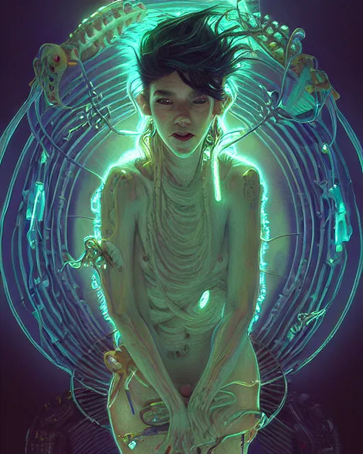 Image similar to portrait of a cute monster, male, bioluminescent, wires, horror, sweet, highly detailed, digital painting, cinematic, hyperrealism, dark retrowave, art by stanley lau and artgerm and magali villeneuve and alphonse mucha, artstation, octane render, cgsociety