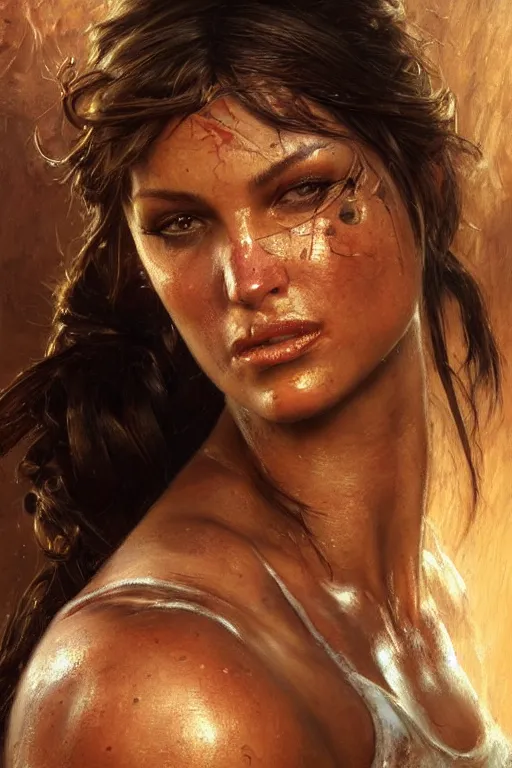 Image similar to muscular sweat lara croft, face close up, highly detailed painting by gaston bussiere, craig mullins, j. c. leyendecker 8 k