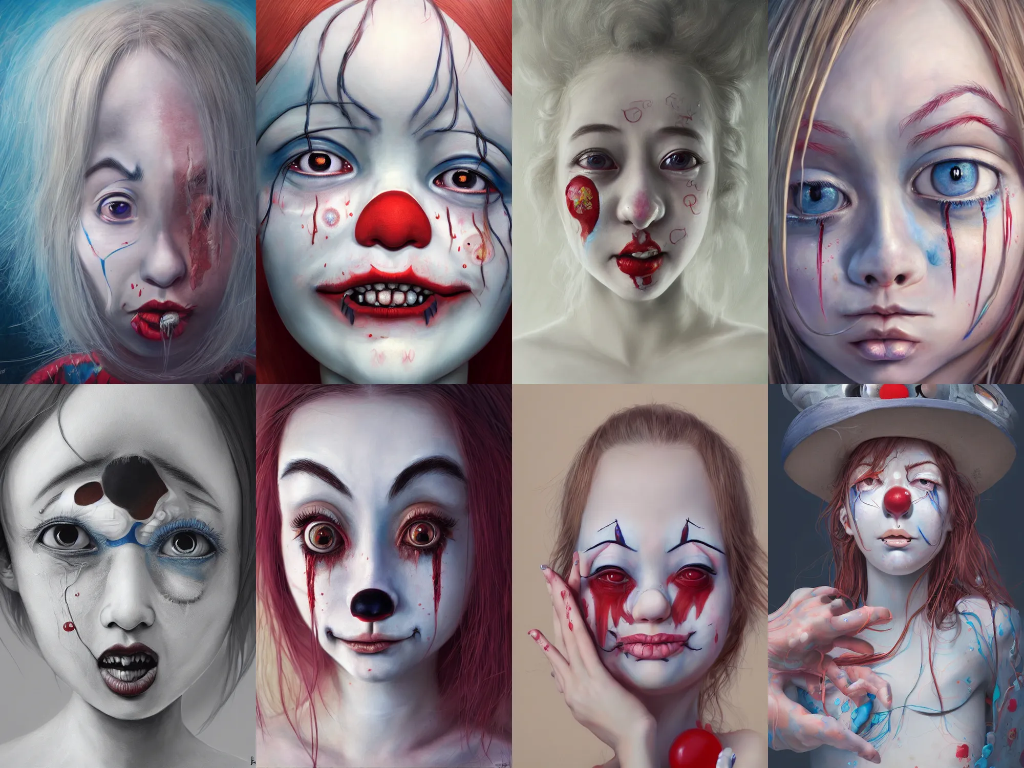 Image similar to detailed painting of clown girl crying, piercing eyes, james jean, miho hirano, hyperrealistic, octane render, ambient light, dynamic lighting