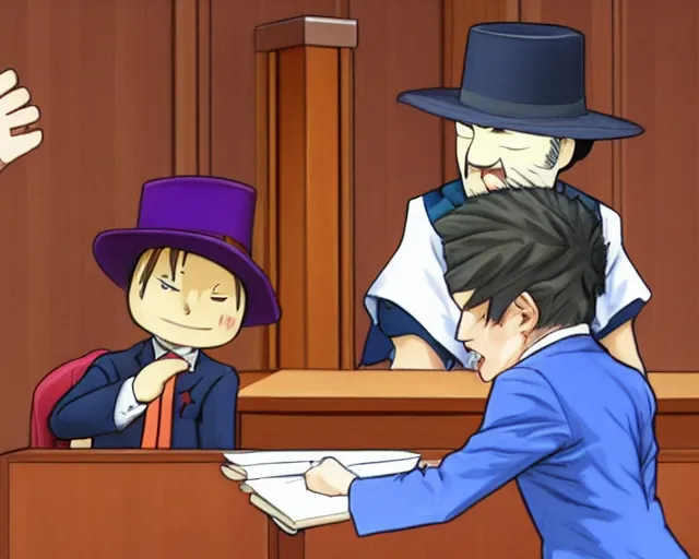 Prompt: phoenix wright defends hat kid in court