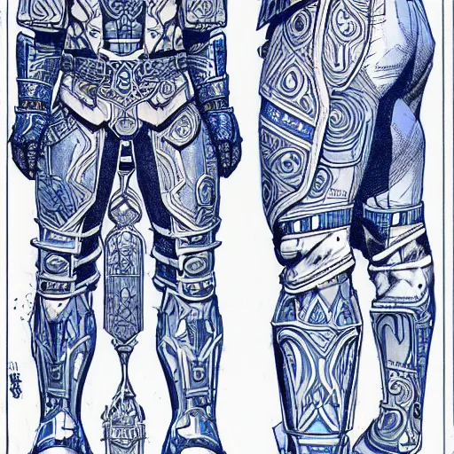 Prompt: white-on-blue blueprint with anotations of ornate armor legs covered in runic tattoos, Travis Charest style