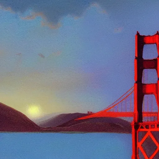 Prompt: golden gate bridge, hudson river school, dramatic lighting, artstation, trending