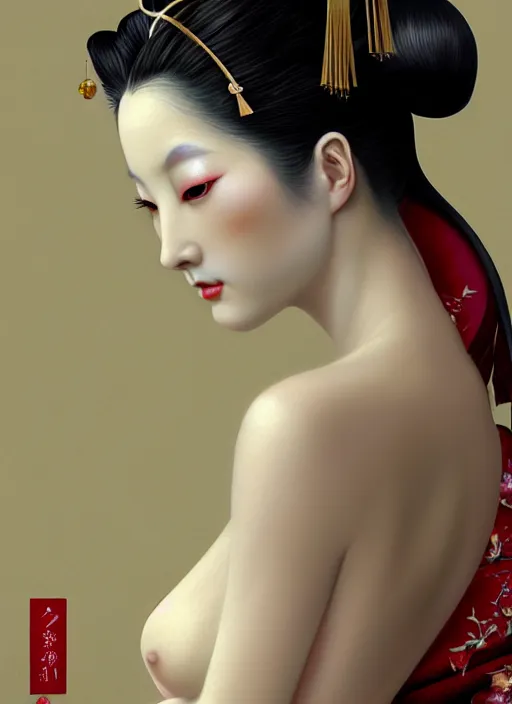 Prompt: organic seductive Geisha, pearlescent skin, diffuse lighting, fantasy, intricate, elegant, highly detailed, lifelike, photorealistic, digital painting, artstation, illustration, concept art, different full body view, smooth, sharp focus, art by John Collier and Albert Aublet and Leonardo da vinci and Krenz Cushart and Artem Demura and Alphonse Mucha