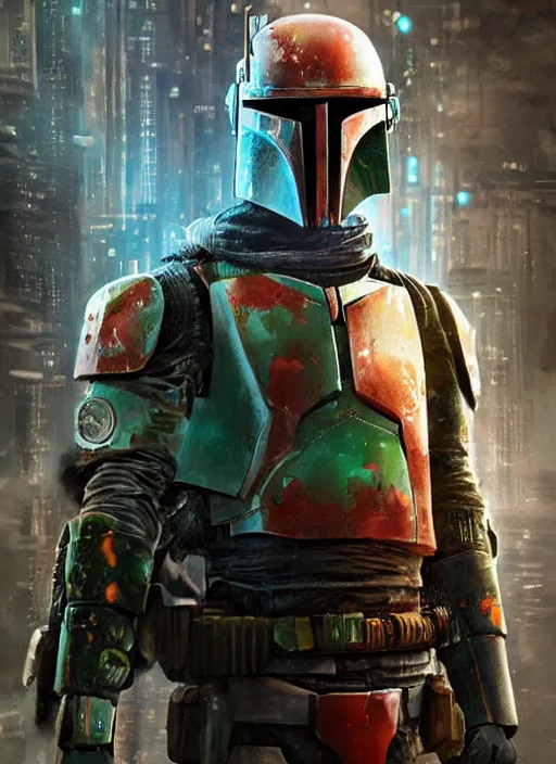 Image similar to cyberpunk x boba fett, digital art, character mashup, epic volumetric lighting, combination art