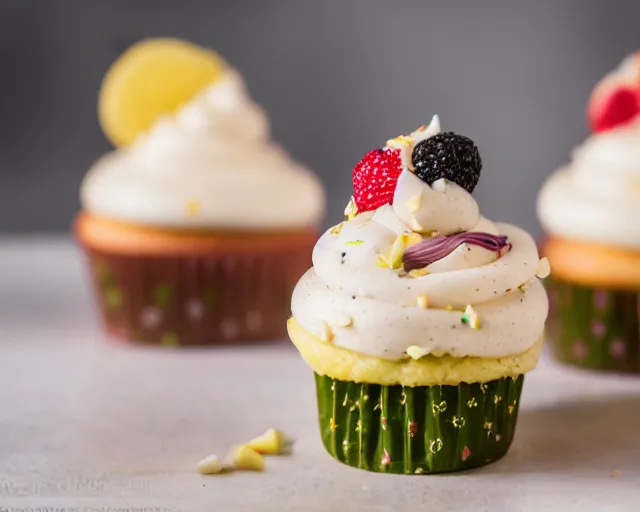 Image similar to dslr food photograph of a cupcake with a slice of pickle on top, 8 5 mm f 1. 4