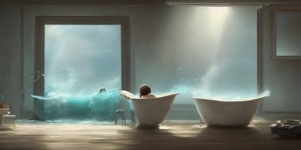 Image similar to an ocean in the bathtub, detailed oil painting, cinematic angle, hyperrealistic, breathtaking, volumetric lighting, cinematic lighting, dynamic, Studio Ghibli, digital art, octane render, epic composition, trending on artstation, masterpiece