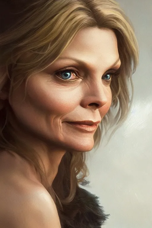 Image similar to painting of michelle pfeiffer,, ultra realistic, sharp details, subsurface scattering, intricate details, warm lighting, beautiful features, highly detailed, photorealistic, octane render, 8 k, unreal engine, art by artgerm and greg rutkowski and alphonse mucha