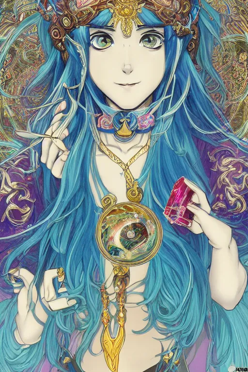 Prompt: psychedelic, intricate, highly detailed, anime, 4k, a beautiful seductive lucina from fire emblem holding a crystal containing the universe, with professional makeup, long trippy hair, surrounded by gems, underneath the stars, trending on patreon, deviantart, twitter, artstation, volumetric lighting, heavy contrast, by artgerm and Ilya Kuvshinov and alphonse mucha