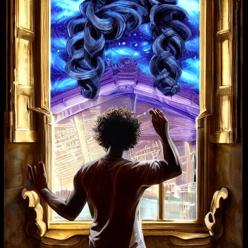 Image similar to a black man with long curly hair, with his back turned, looking at a victorian window, on deep sea, a big glowing letter K on the wall, + Cinematic Lighting + Deep Shadows + Hyper Realistic + Hyper Maximalist + Maximalist Composition + Intricate Details + Rendered in Octane + Trending on Artstation + Hall of Fame on Cgsociety + 8K portrait + 8k Post-Processing Highly Detailed + Rendered by Octane Engine + 8K Artstation 8k Detail Post Processing + Octane Render