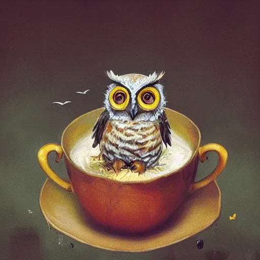 Image similar to long shot of a very cute owl chick nesting in a very romantique cup, by esao andrews, humorous illustration, hyperrealistic, big depth of field, warm colors, night scenery, low light, 3 d octane render, 4 k, conceptart, hyperdetailed, hyperrealistic, trending on artstation