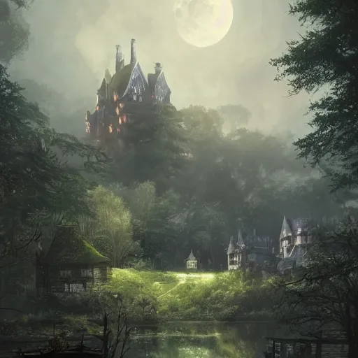 Image similar to a hidden village in the trees, victorian setting, dramatic light, castle background, clouds, moon, storm, night, high detail, fantasy background, painted by greg rutkowski, digital art, trending on artstation