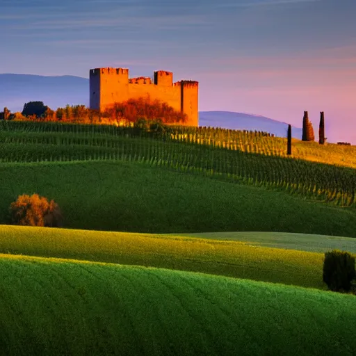 Image similar to landscape of Tuscany, golden sunset, castle in the distance, warm light, romantic setting