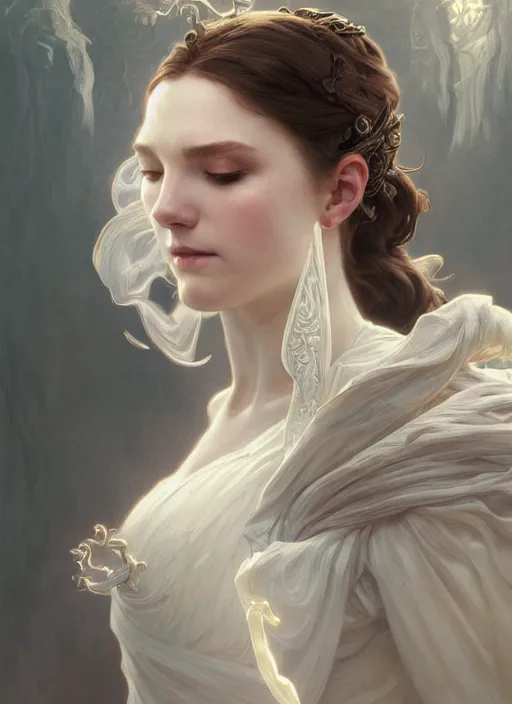 Image similar to portrait of person with face full of white mist, fantasy, medieval wear, intricate, elegant, highly detailed, digital painting, artstation, concept art, smooth, sharp focus, illustration, art by artgerm and greg rutkowski and alphonse mucha