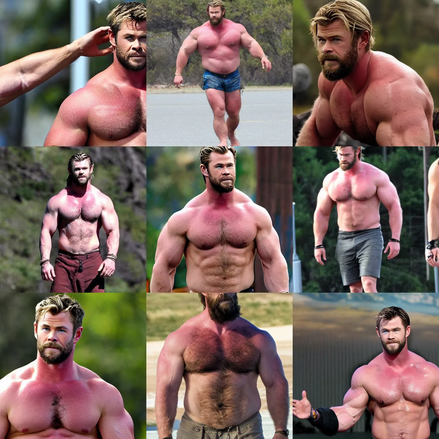 Prompt: chris hemsworth as a big burly padded hairy strongman