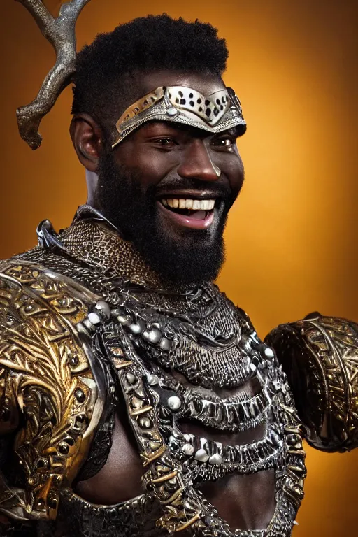 Image similar to portrait of a young African American rugged young man, thick black beard, big muscles, big smile. intricate bronze armour decorated with with gems. Engraved with a tree. cinematic lighting, highly detailed, full body shot. Movie poster.