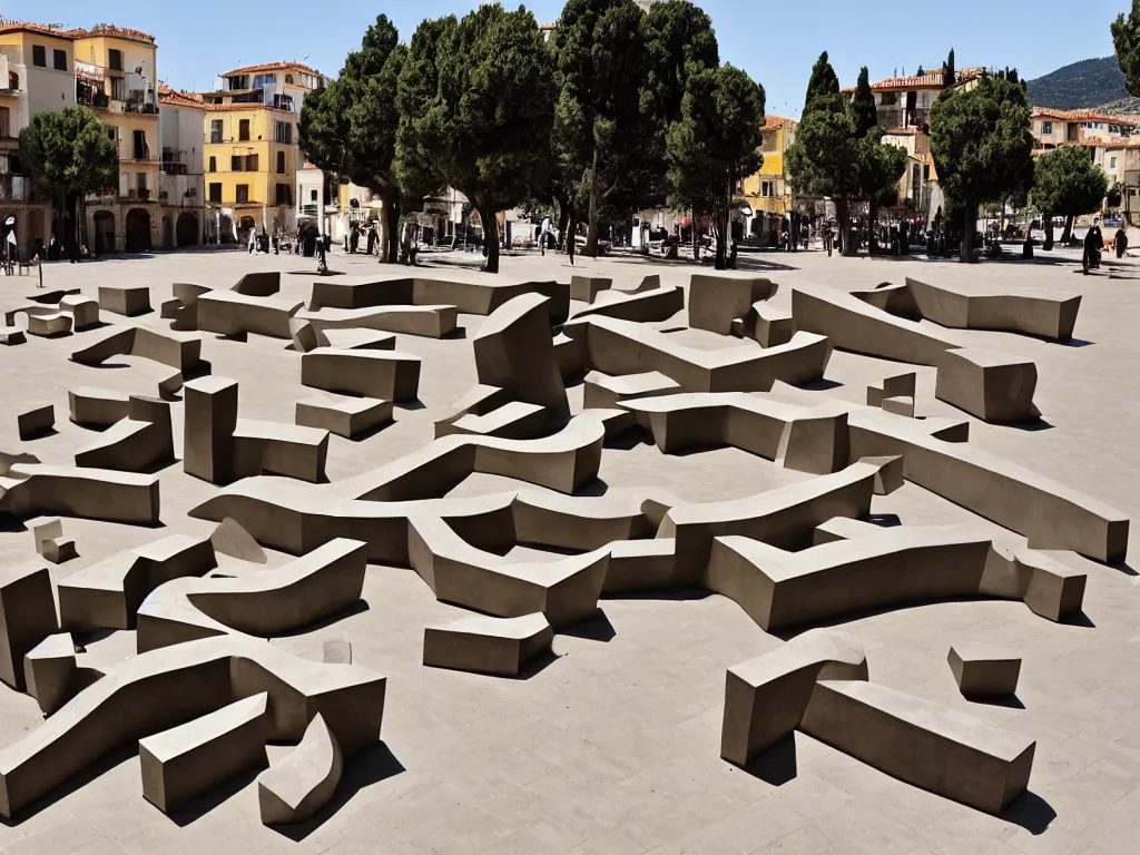 Prompt: huge plastic sculpture by eduardo chillida on a mediterranean town square