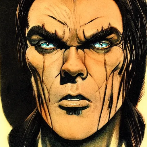 Prompt: beautiful portrait commission of a horrifying jack black, fine clothes in a vintage gothic style. black hair. pale skin, black makeup. character design by Bruce Pennington, detailed, inked, western comic book art