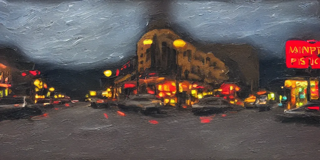 Image similar to IMPASTO!!! painterly, ((messy)), ominous! landscape of north bend, washington main street, dark, lonely!! stop light glowing, twin peaks, 'lone dark figure'!!