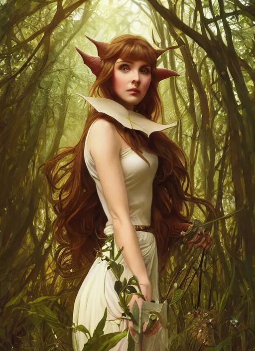 Image similar to A beautiful full portrait of a stunning young female elf on a beautiful lush forest meadow, afternoon, art by Artgerm and Greg Rutkowski and Alphonse Mucha, DAZ, hyperrealistic, ambient light, dynamic light, vray