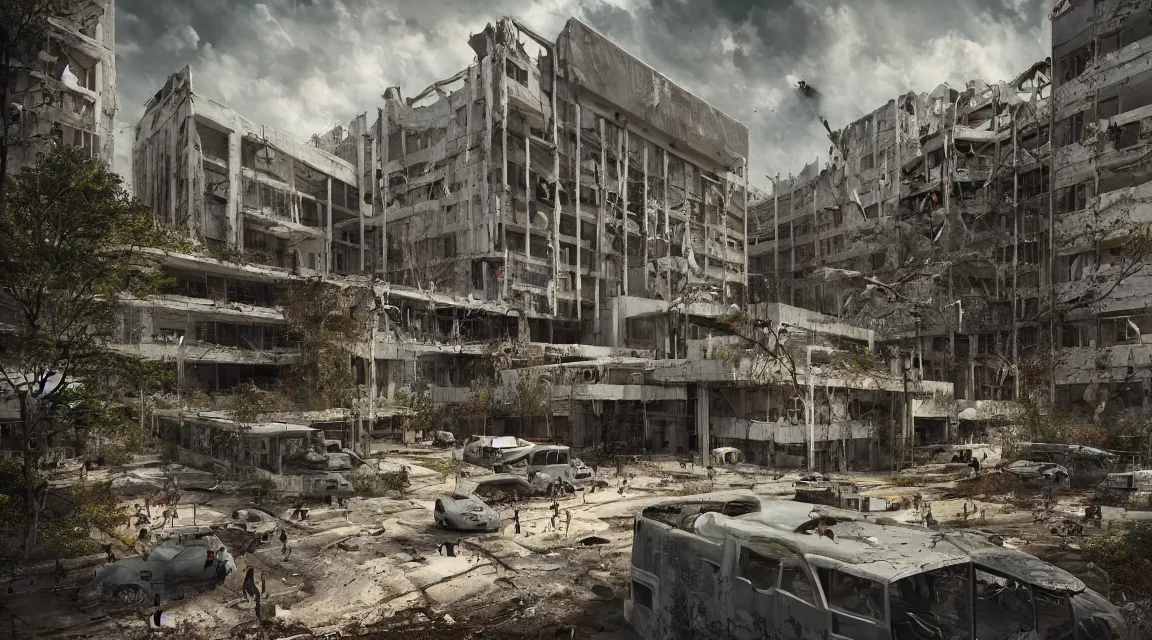 Image similar to post apocalyptic hospital building, people fighting, morning, building, avenue, modern contemporary urban americana concrete architecture, by pascal blanche, neil blevins, apocalyptic color palette, trending on artstation, photorealistic, wilderness ambiance, ultra detailed, high definition, depth of field, bokeh, rubble, wild vegetation, blood stains, building crumbling