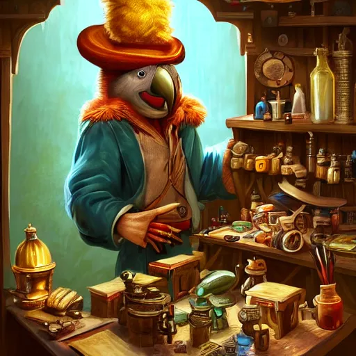 Image similar to Anthropomorphized parrot trader in his shop, selling his wares, portrait, items, magic potions, carpet, window, fancy hat, sly expression , cunning expression, cute expression, presenting wares, D&D, fantasy, cinematic lighting, highly detailed, digital painting, artstation, concept art, smooth, sharp focus, illustration, warm light, cozy warm tint, magic the gathering artwork, volumetric lighting, 8k, art by Akihiko Yoshida, Greg Rutkowski