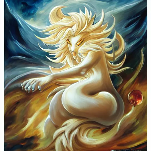 Image similar to ninetales the pokemon by arthur adams, charlie bowater, leonid afremov, chiho ashima, karol bak, david bates, tom chambers