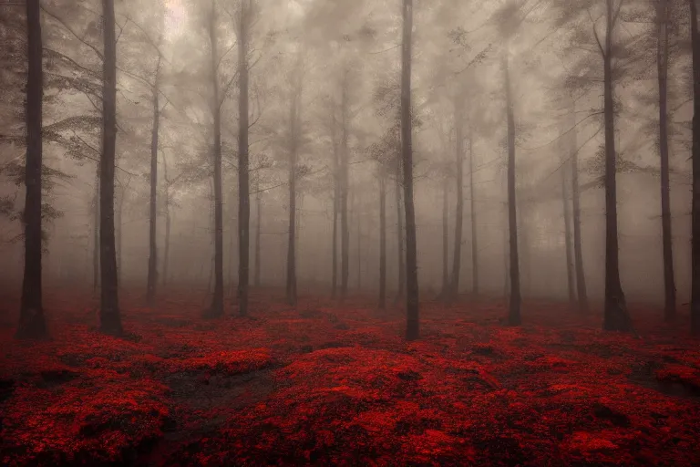 Image similar to deep dark moody forest, red fog on the ground, bleak. big stones, dark mood. mysterious. doom. realistic painting. photobashing, matte painting, highly detailed, autumn, cinematic, hyperralistic, artstation, art brut, outsider art, symbolist, dramatic lighting, god rays, clean crisp graphics, smooth sharp focus, extremely detailed