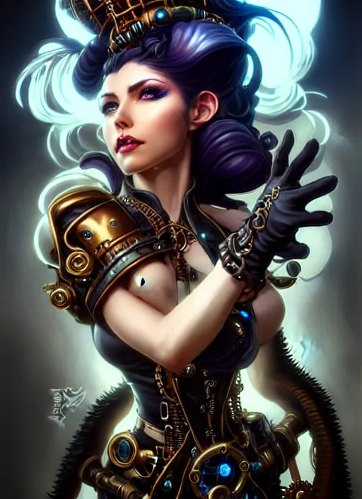 Prompt: front portrait hiding hands pose of attractive Lady Mechanika with wavy hair using white gloves, hands behind her!, Intricate steampunk imagery , D&D!, fantasy style, sharp focus!, ultra detailed, art by Artgerm and Peter Andrew Jones, WLUP