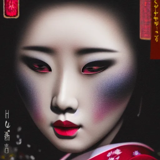 Prompt: dark art hi resolution geisha portrait yasutomo oka 8 k ultrarealistic