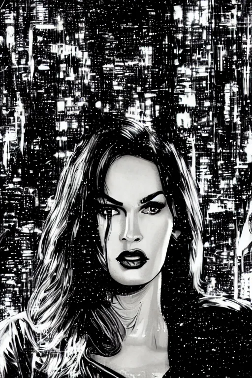 Image similar to film still from sin city, closeup portrait of film noir megan fox private detective, standing on a blade runner street corner, detailed illustration, digital art, trending on artstation, frank miller, martin ansin, movie poster,